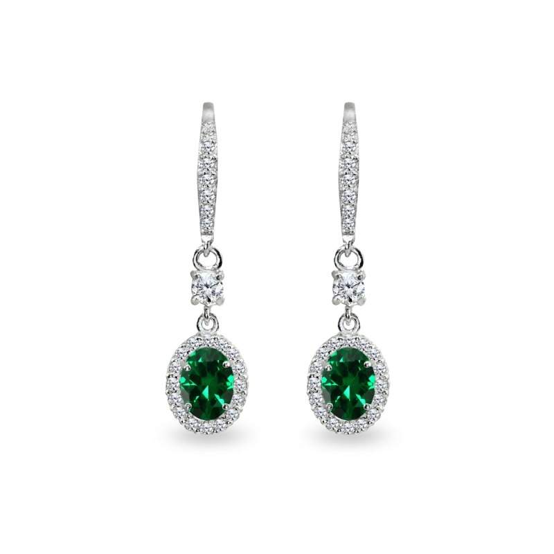 Sterling Silver Simulated Emerald & Cubic Zirconia 7X5mm Oval-Cut Halo Leverback Earrings