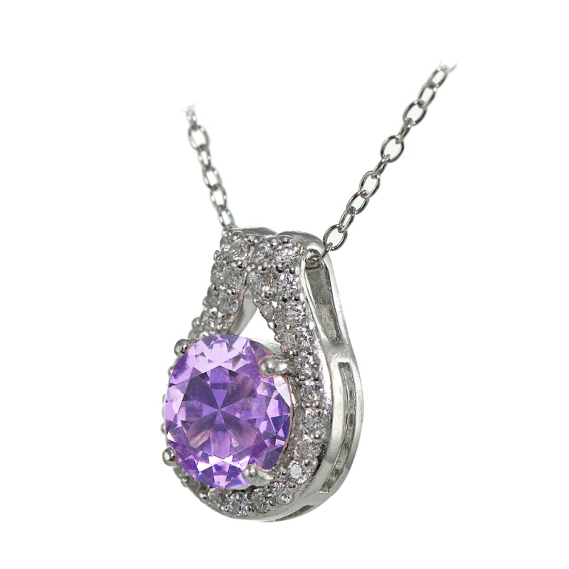 Sterling Silver Created Amethyst Round Halo Necklace With Cz Accents