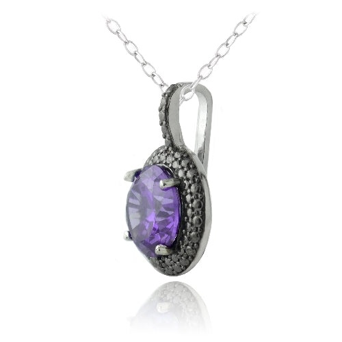 Sterling Silver 3Ct Amethyst & Black Diamond Accent Round Necklace