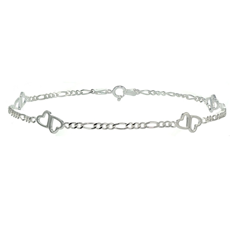 Sterling Silver Figaro Link Chain With Double Hearts Bracelet
