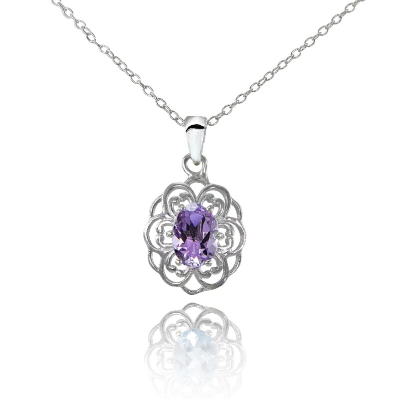 Sterling Silver Amethyst Oval Filigree Flower Necklace