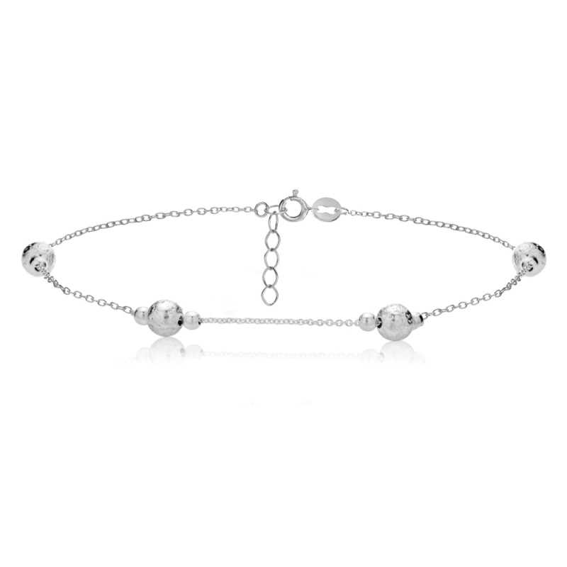 Sterling Silver Textured And Polished Round Beads Chain Anklet