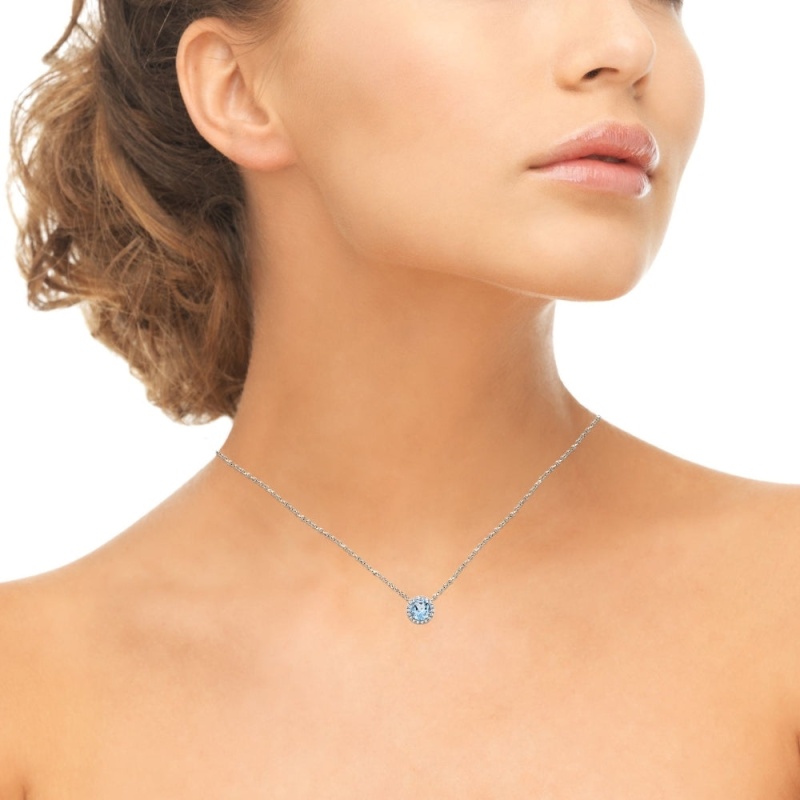 Sterling Silver Blue And White Topaz Halo Slide Pendant Necklace