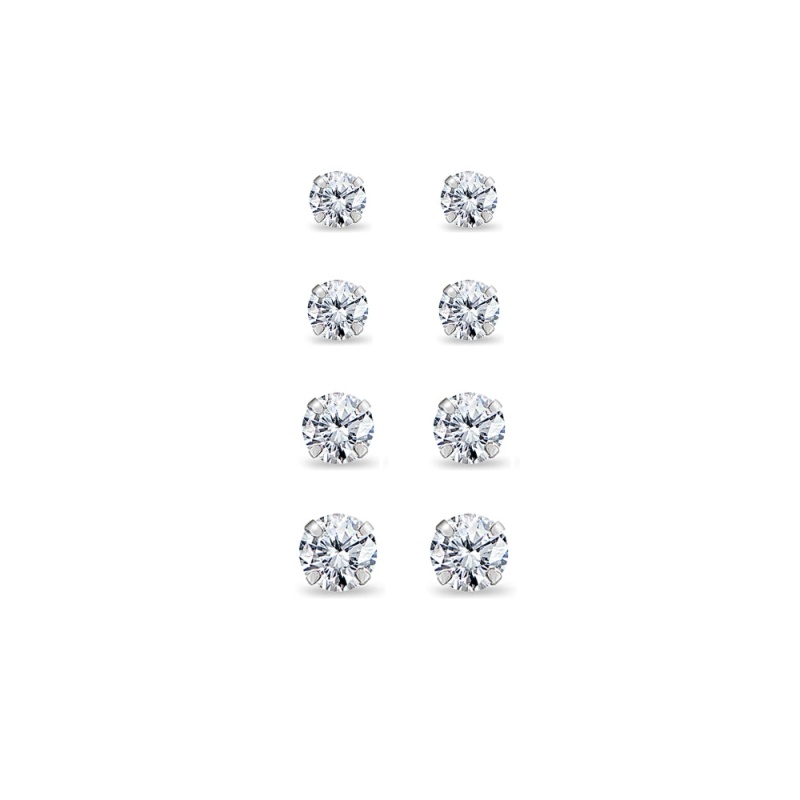 4 Pair Set 14K White Gold Cubic Zirconia Round Stud Earrings, 2Mm 3Mm 4Mm 5Mm