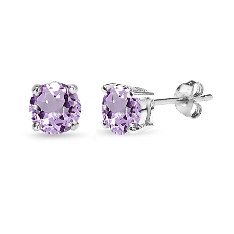 Sterling Silver Amethyst 6Mm Round-Cut Solitaire Stud Earrings