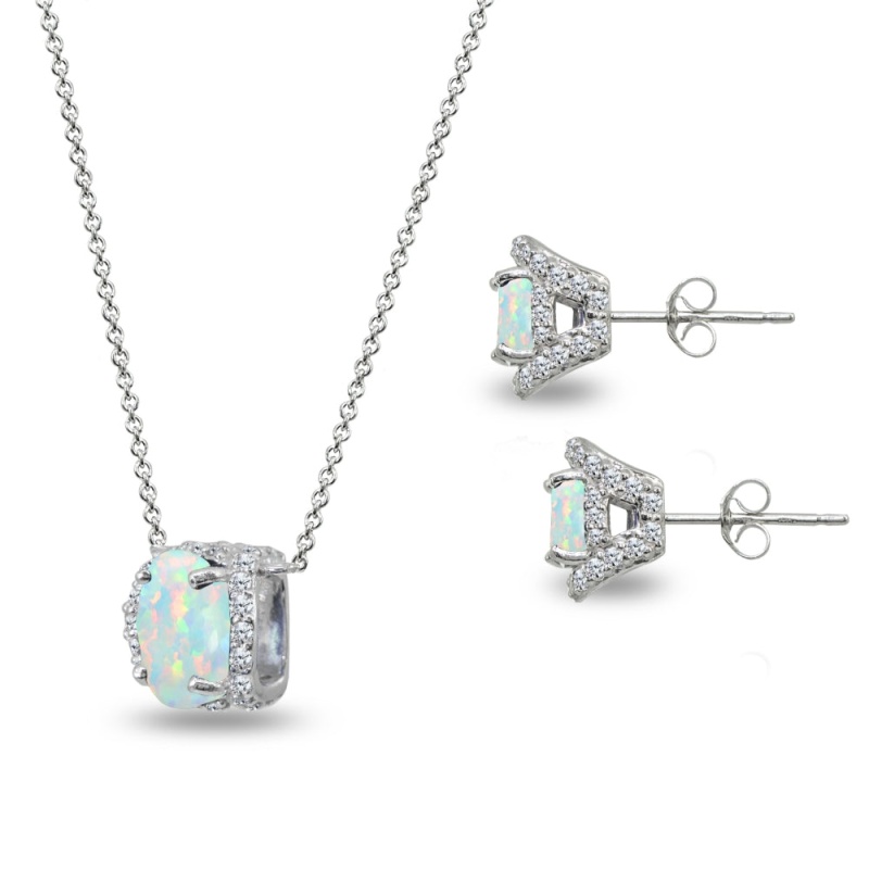 Sterling Silver Synthetic White Opal Oval-Cut Crown Stud Earrings & Necklace Set With Cz Accents
