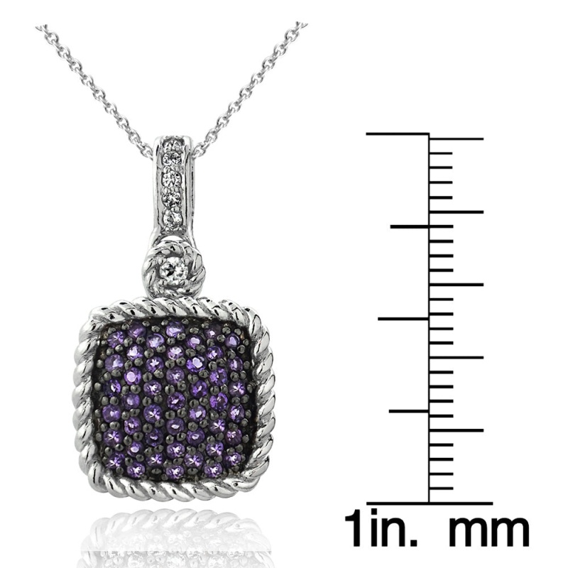 Sterling Silver 1Ct Amethyst & White Topaz Square Rope Pendant Necklace