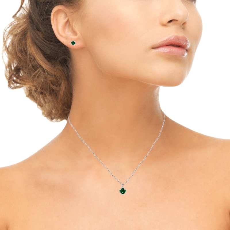 Sterling Silver Simulated Emerald 6Mm Round Solitaire Stud Earrings & Pendant Necklace Set