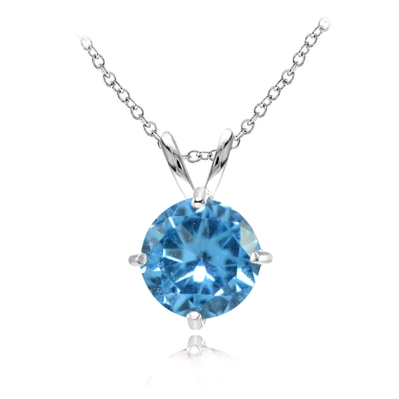 Sterling Silver Created Blue Topaz 7Mm Round Solitaire Pendant Necklace