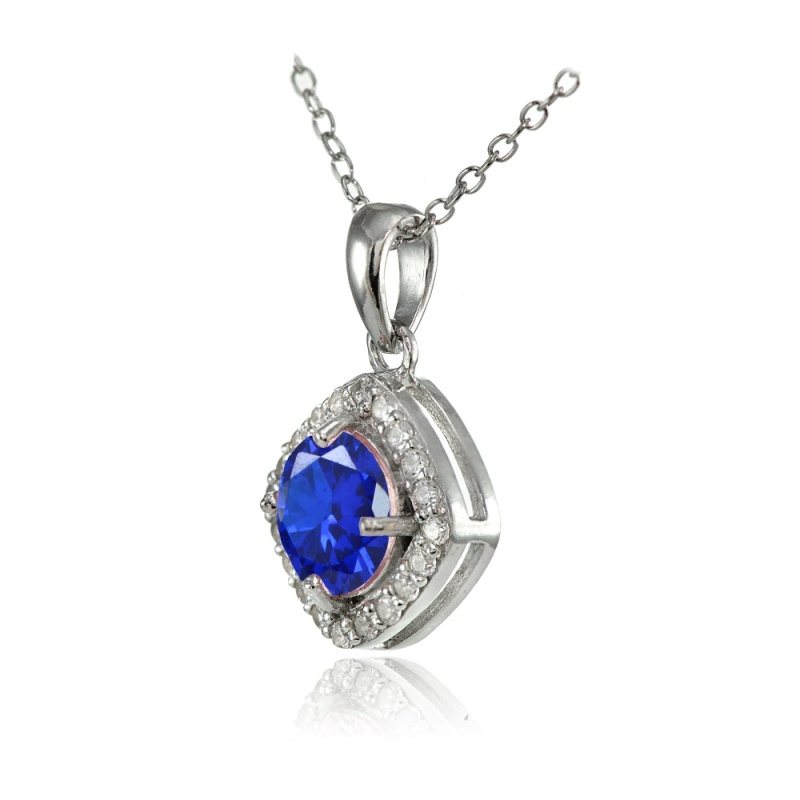 Sterling Silver Created Blue Sapphire 7Mm Round And Cz Accents Necklace
