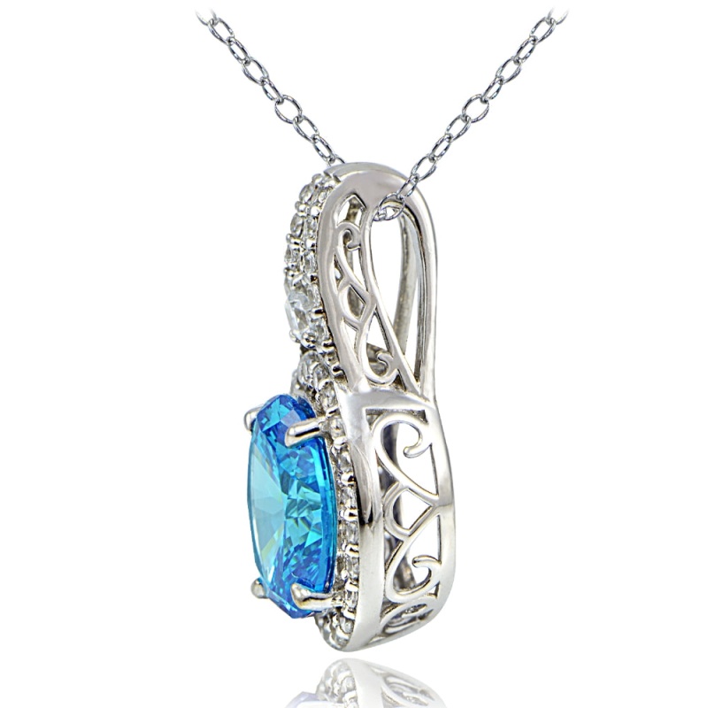 Platinum Plated Sterling Silver 100 Facets Light Blue Cubic Zirconia Oval Drop Necklace