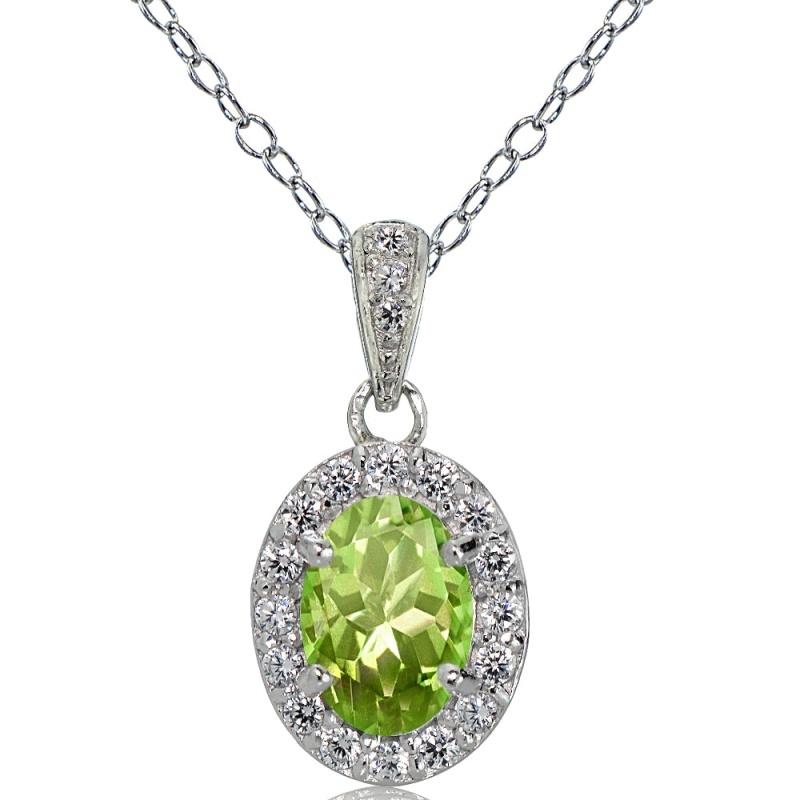 Sterling Silver Peridot And White Topaz Oval Halo Necklace