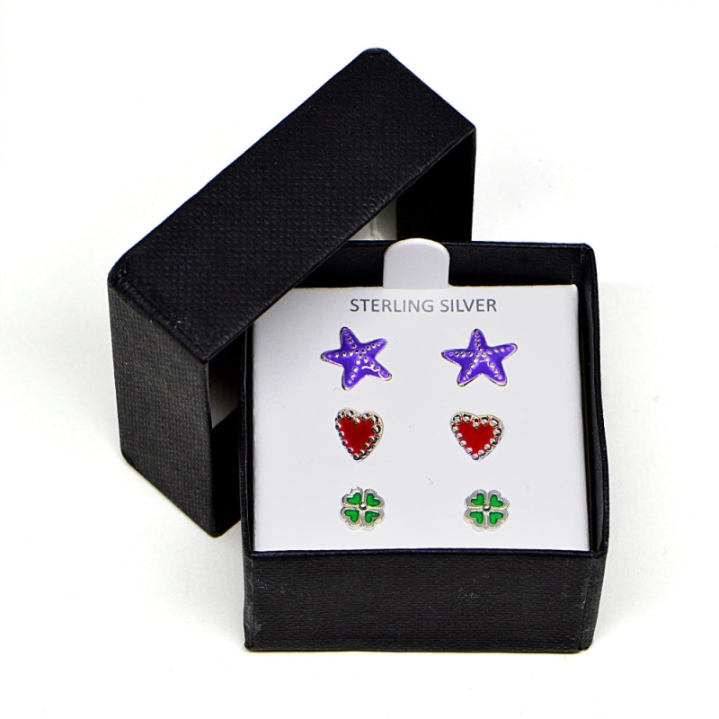 Sterling Silver Enamel Purple Starfish, Red Heart And Green Four Leaf Clover 3 Pair Stud Earrings Box Set