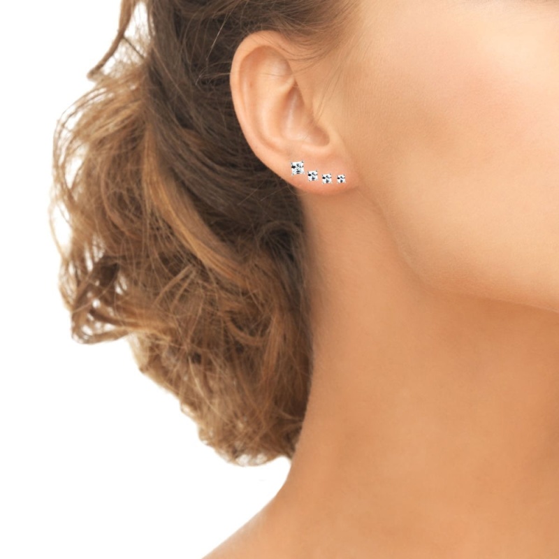 4 Pair Set Sterling Silver Cubic Zirconia Princess-Cut Square Stud Earrings, 2Mm 3Mm 4Mm 5Mm