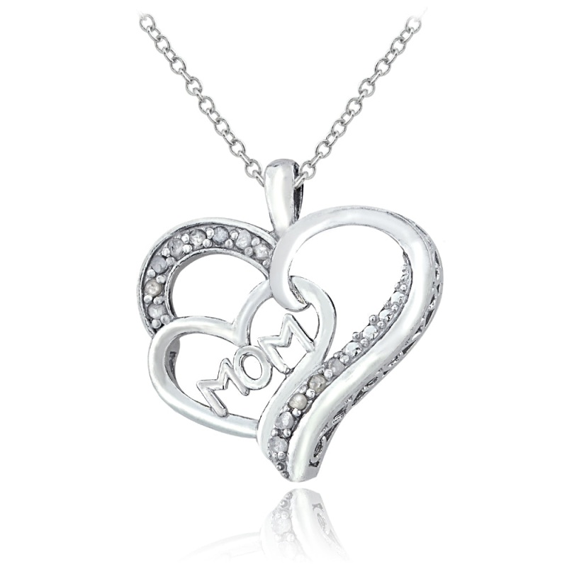 Sterling Silver 1/8 Ct Diamond Mom Double Heart Necklace