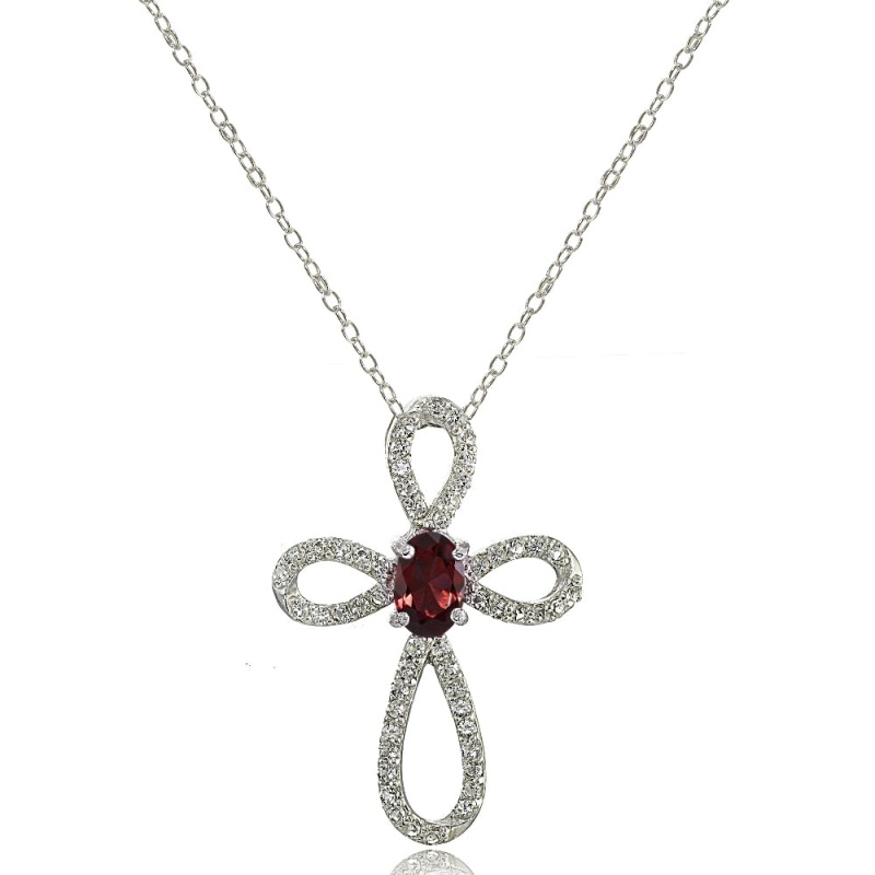 Sterling Silver Garnet & White Topaz Infinity Cross Necklace