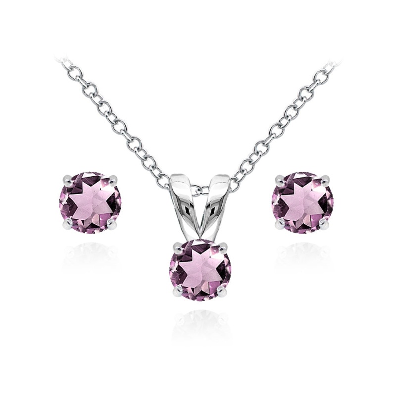 Sterling Silver Created Alexandrite 5Mm Round Solitaire Pendant Necklace And Stud Earrings Set