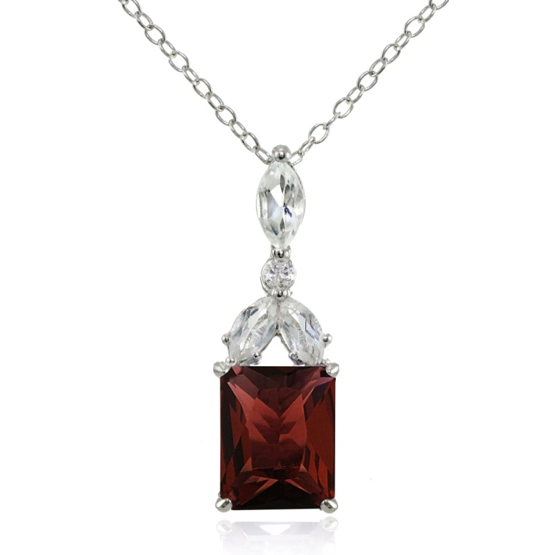 Sterling Silver Garnet And White Topaz Emerald-Cut Necklace