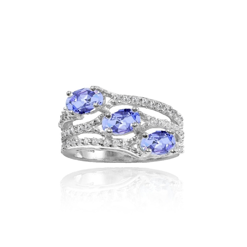 Sterling Silver Tanzanite And White Topaz Oval Three Stone Ring