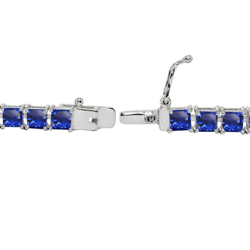 Sterling Silver Created Blue Sapphire 4Mm Princess-Cut Square Classic Tennis Bracelet