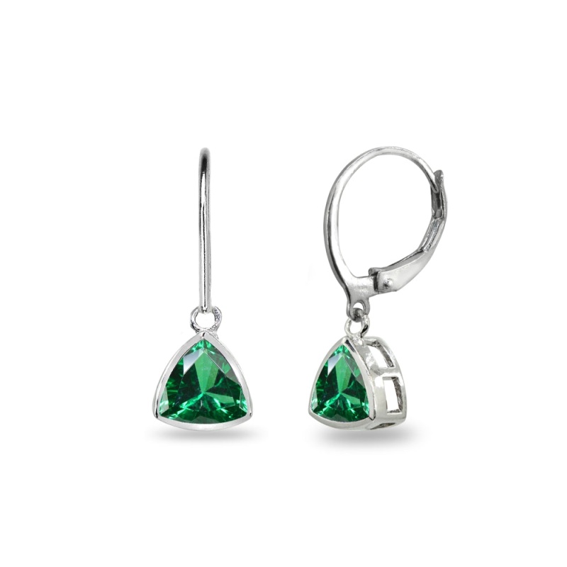 Sterling Silver Simulated Emerald 7Mm Trillion Bezel-Set Dainty Dangle Leverback Earrings