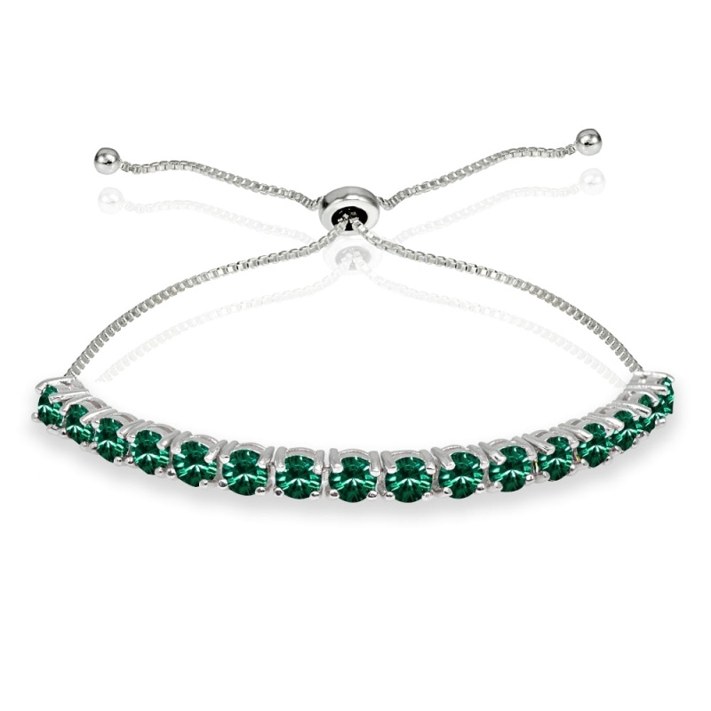 Sterling Silver 4Mm Green Round-Cut Bolo Adjustable Bracelet Made With Swarovski Crystals