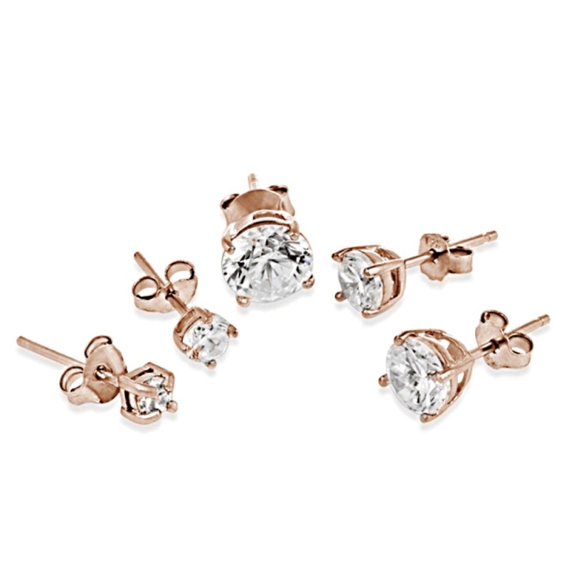 Rose Gold Flashed Sterling Silver Cubic Zirconia Set Of 5 Round Stud Earrings