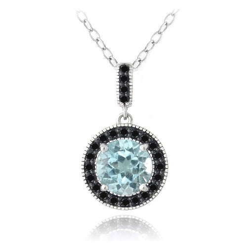 Sterling Silver 3.25Ct Blue Topaz & Black Spinel Round Necklace