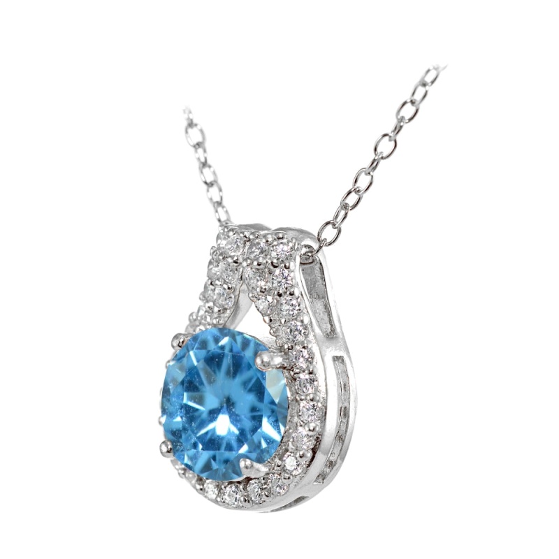 Sterling Silver Created Blue Topaz Round Halo Necklace With Cz Accents