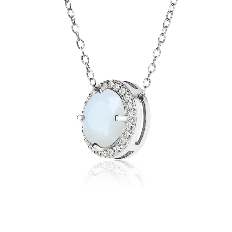 Sterling Silver Created White Opal And Cubic Zirconia Round Halo Necklace