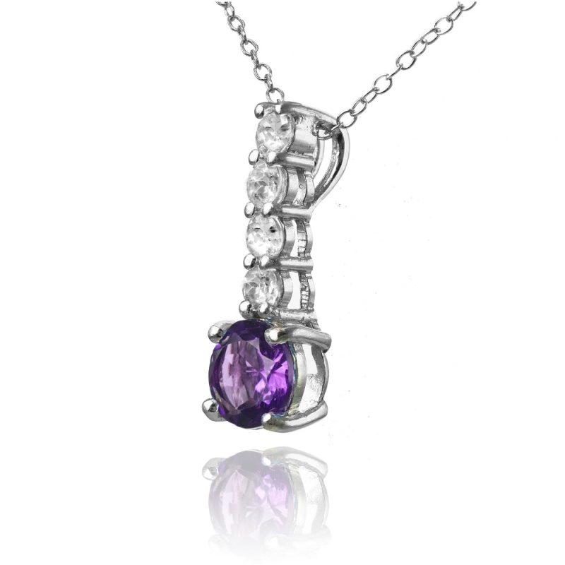 Sterling Silver African Amethyst And White Topaz 5-Stone Round Drop Necklace