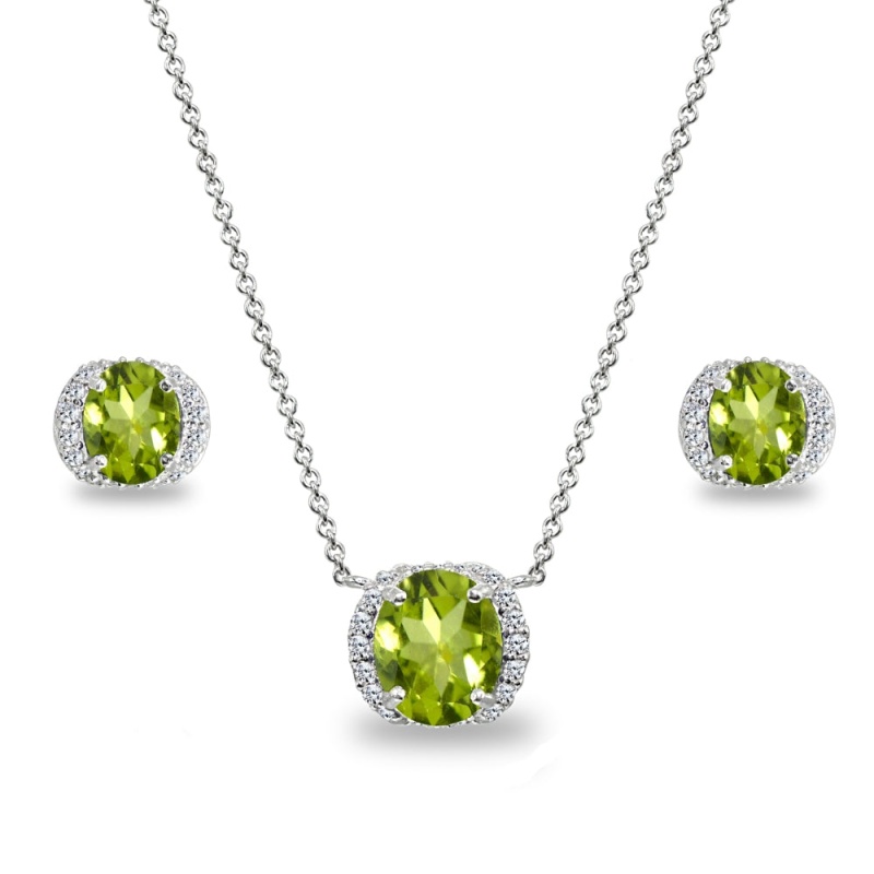 Sterling Silver Peridot Oval-Cut Crown Stud Earrings & Necklace Set With Cz Accents