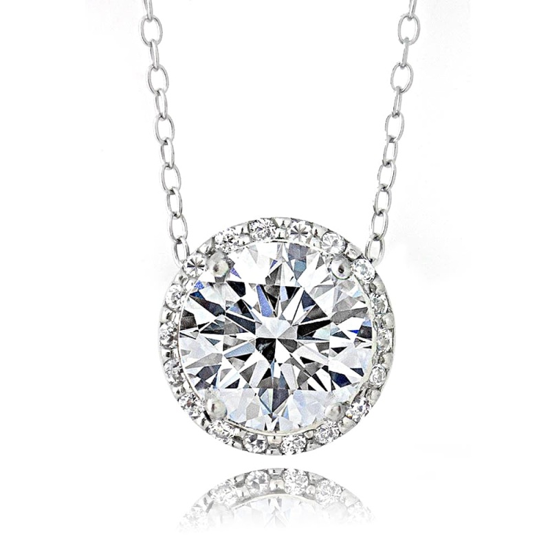 Platinum Plated Sterling Silver 100 Facets Cubic Zirconia Halo Necklace (3Cttw)