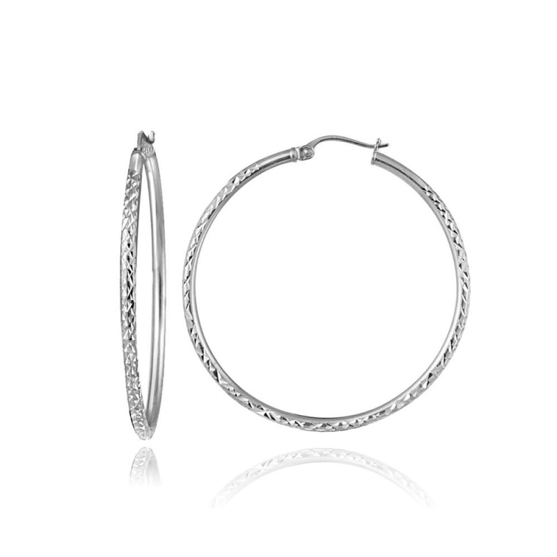 Sterling Silver Diamond Cut Round Hoop Earrings, 25Mm
