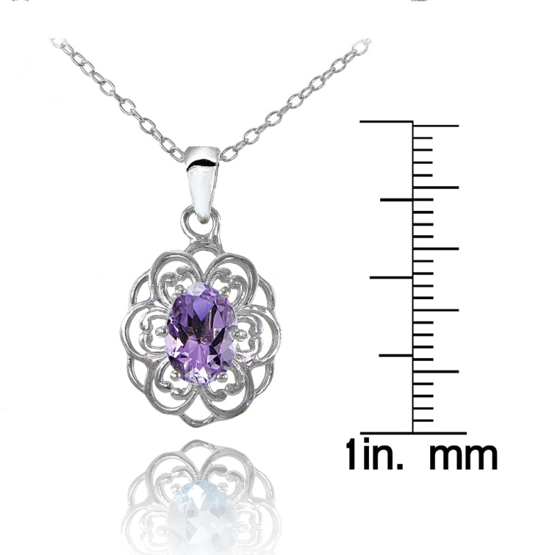 Sterling Silver Amethyst Oval Filigree Flower Necklace
