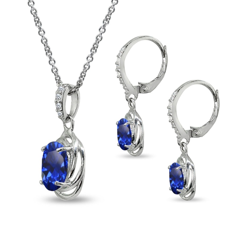 Sterling Silver Created Blue Sapphire & Cubic Zirconia Oval Love Knot Leverback Earrings & Pendant Necklace Set