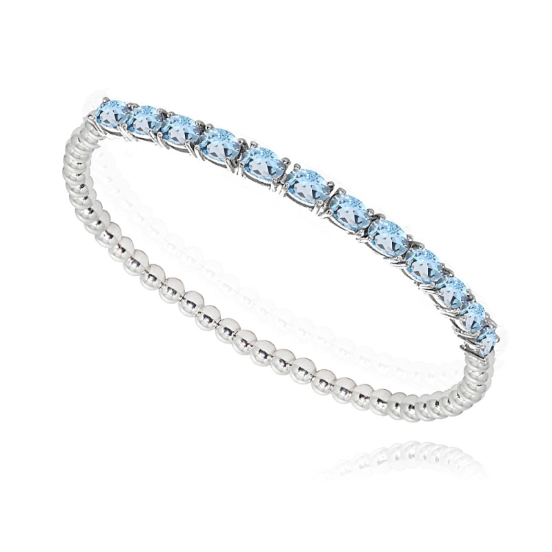 Sterling Silver Blue Topaz Oval Beaded Stretch Tennis Style Bracelet