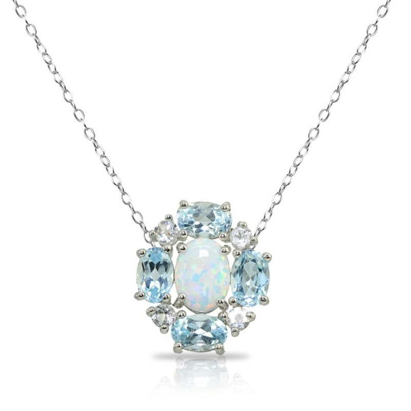 Sterling Silver Created Opal And Blue Topaz Oval Necklace With White Topaz Accents