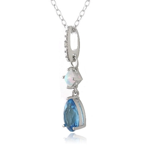 Sterling Silver 2.25Ct London Blue Topaz & Created Opal Diamond Accent Necklace