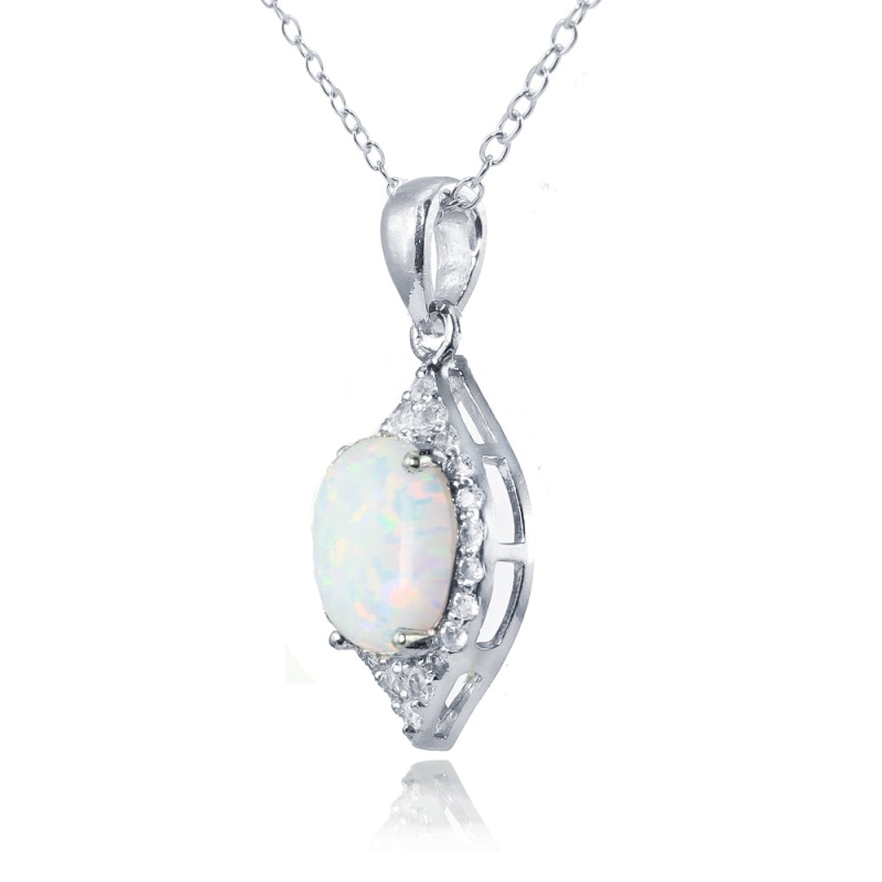 Sterling Silver Created White Opal And White Topaz Oval Fashion Necklace
