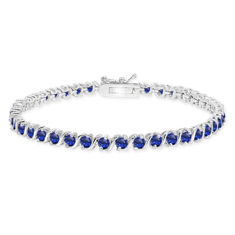 Sterling Silver Created Blue Sapphire S Design Bar Classic Tennis Bracelet