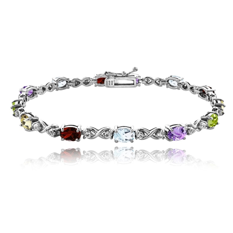 Sterling Silver Multi Color 6X4mm Oval Infinity Bracelet With White Topaz Accents