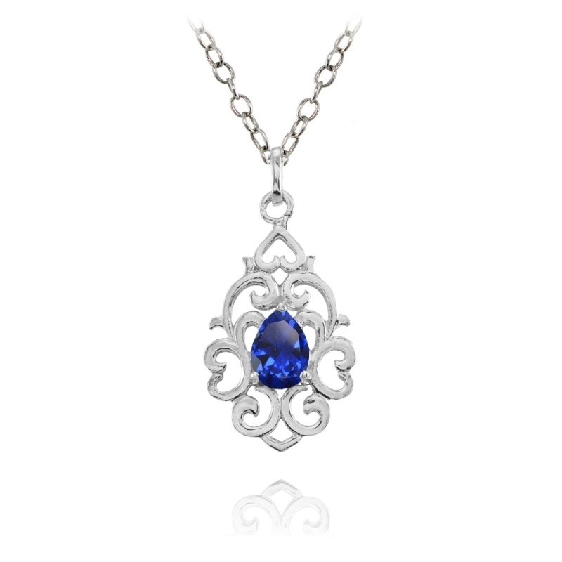 Sterling Silver Created Blue Sapphire Filigree Heart Teardrop Necklace