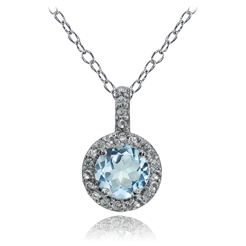 Sterling Silver Blue Topaz And White Topaz Halo Necklace