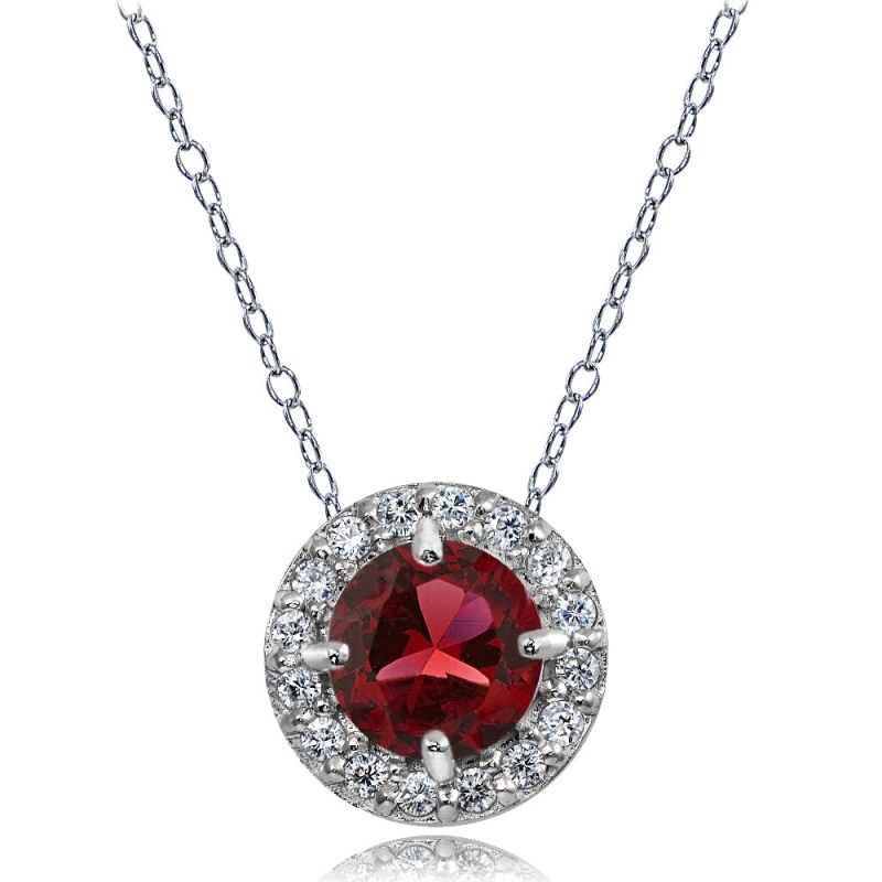 Sterling Silver Created Ruby And White Topaz Round Halo Necklace