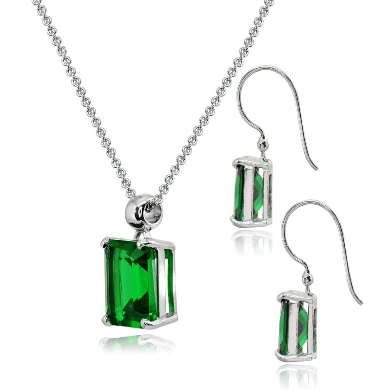 Sterling Silver Simulated Emerald Octagon-Cut Solitaire Drop Dangle Earrings & Necklace Set