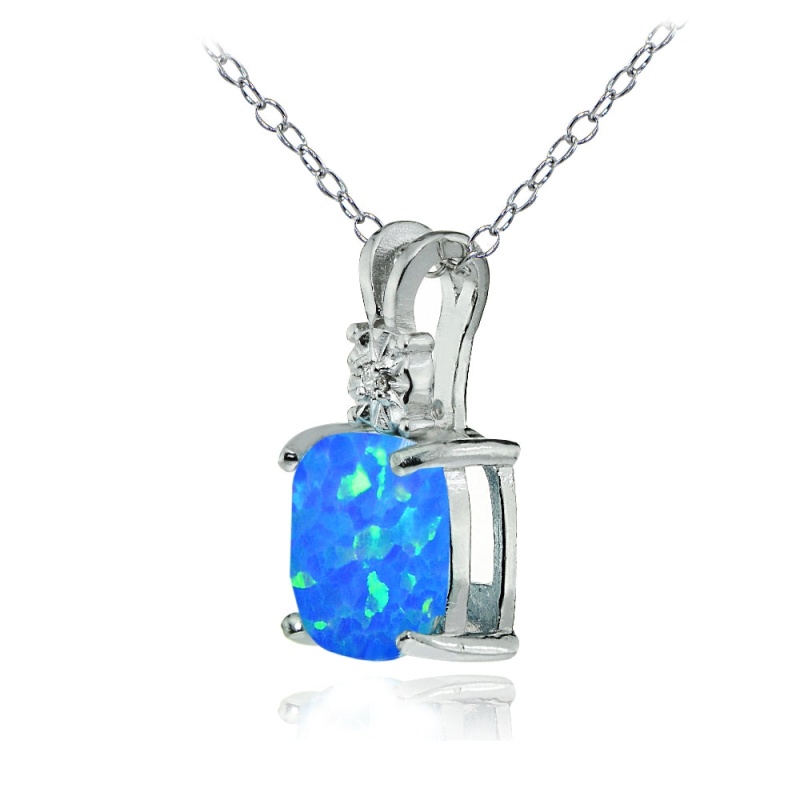 Sterling Silver Created Blue Opal And Diamond Accent Cushion-Cut Necklace