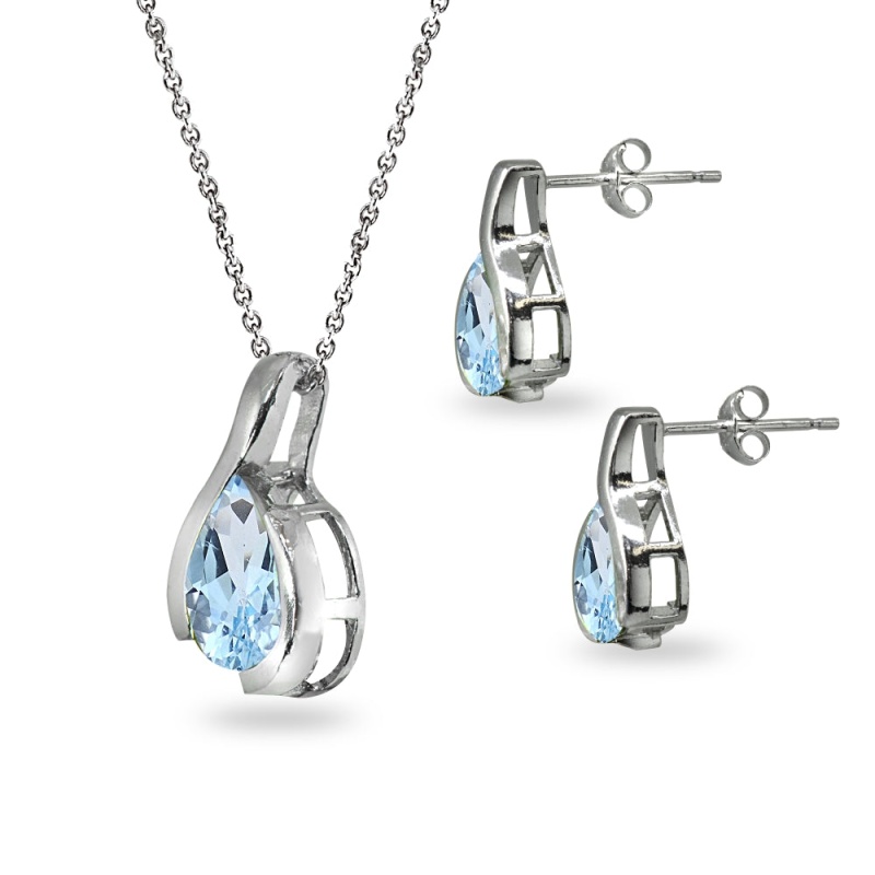 Sterling Silver Blue Topaz Pear-Cut Solitaire Teardrop Design Pendant Necklace & Stud Earrings Set