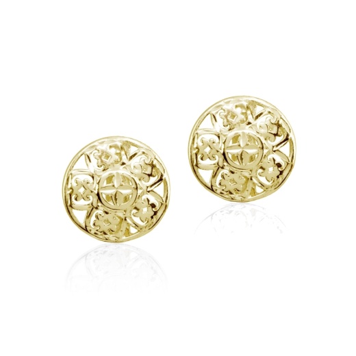 Yellow Gold Flashed Sterling Silver Filigree Round Flower Button Stud Earrings