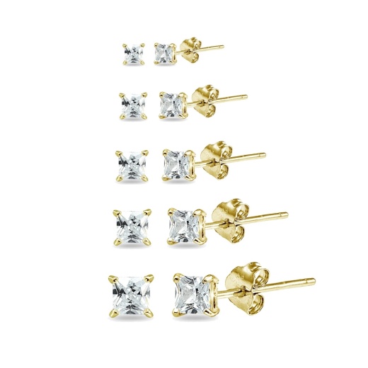 5 Pair Set Yellow Gold Flashed Sterling Silver Cubic Zirconia Princess-Cut Square Stud Earrings